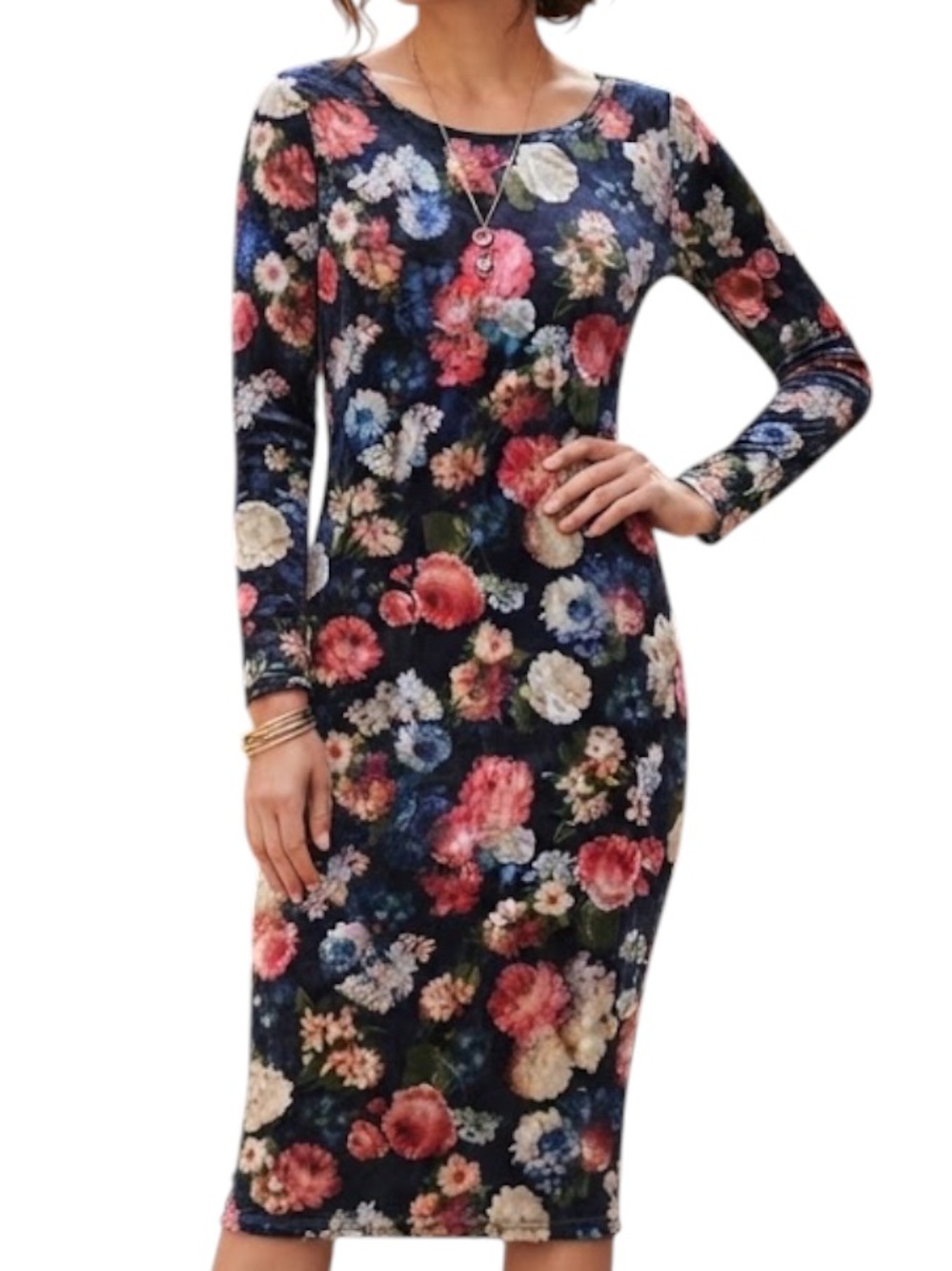 SUZY SHIER Navy Blue Floral Crushed Velvet Midi Dress Large
